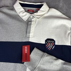 IZOD Polo Shirt Mens XL Gray Colorblock Heavy Jersey Long Sleeve‎ Rugby Crest